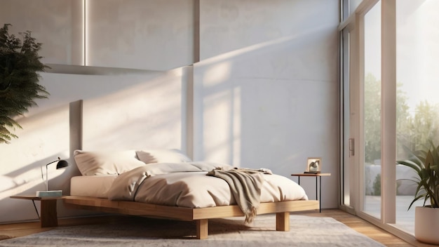 a bed with a wooden frame and a white wall behind it