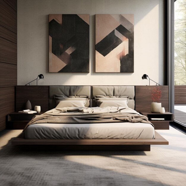 a bed with a wooden headboard and a painting on the wall