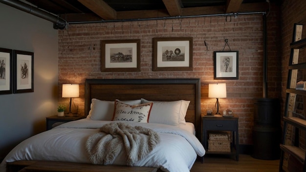 a bed with a wooden headboard and a picture of a family on the wall