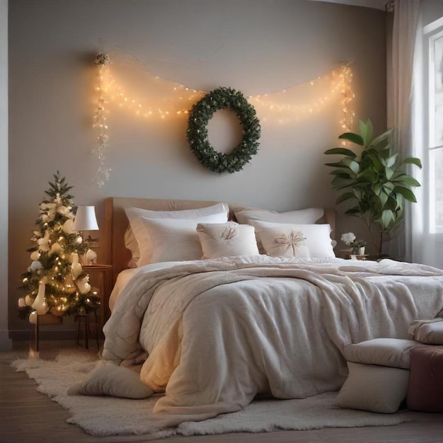 a bed with a wreath hanging above it and a wreath on the wall