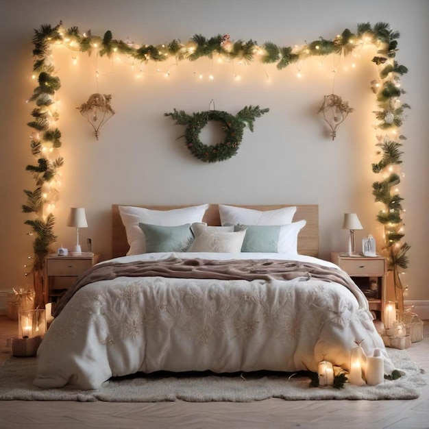 a bed with a wreath on the wall and a wreath on it