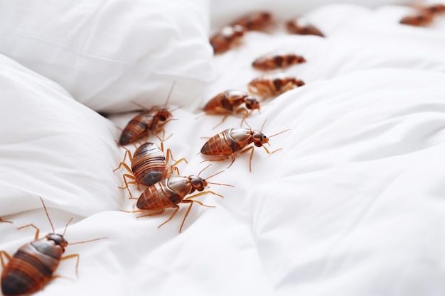 Bedbug colony on white sheet on bed in the bedroom closeup