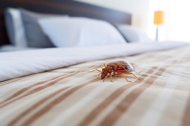 Bedbug on sheet on bed in bedroom closeup