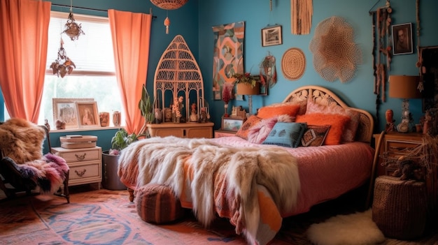 Bedroom decor home interior design Bohemian Eclectic style with Gallery Wall decorated with Rattan and Textiles material Generative AI AIG26