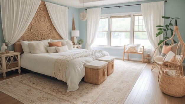 Bedroom decor home interior design Coastal Bohemian style with Bed decorated with Rattan and Linen material Generative AI AIG26