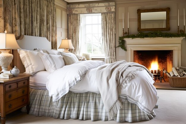 Bedroom decor interior design and holiday rental classic bed with elegant plush bedding and furniture English country house and cottage style idea