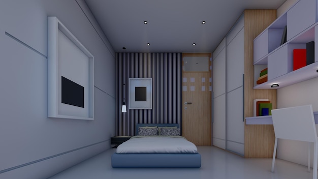 bedroom design with empty photo frame mock up interior inspiration 3d illustration