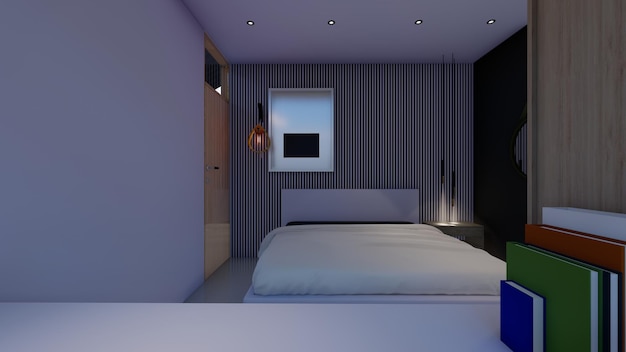 bedroom design with empty photo frame mock up interior inspiration light on 3d illustration