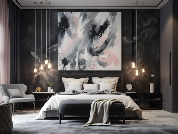 Bedroom design with sofa and hanging lamps generative ai art