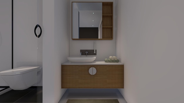 Bedroom design with wash basin hanging cabinet mirror 3d illustration