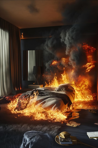 Photo bedroom engulfed in flames with black smoke filling air modern minimalistic furniture curtains burn as fire spreads rapidly consuming everything in path mirror on wall reflects chaotic scene