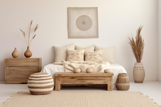 Bedroom interior boho style in white and beige colors bed with bedding blanket pillow wooden commode