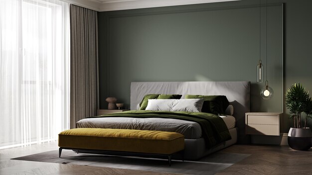 Bedroom interior in dark green style 3d rendering