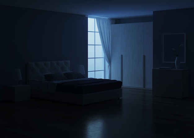 Bedroom interior design. Night lighting. 3D rendering.