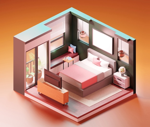 Bedroom interior isometric scene. 3D illustration