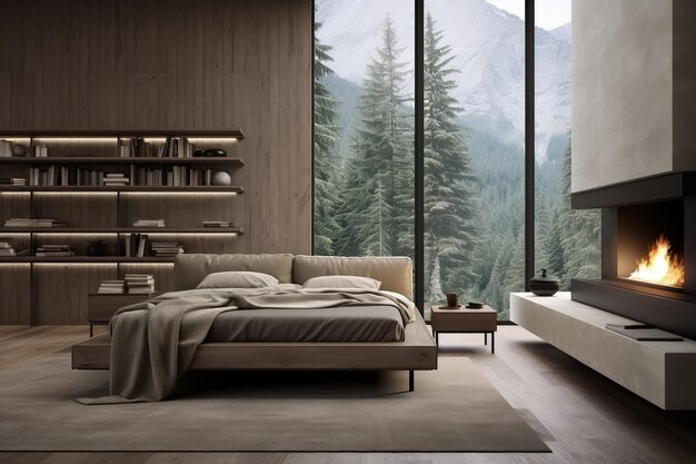 Bedroom interior minimalism style Bed fireplace and floortoceiling panoramic window indoors