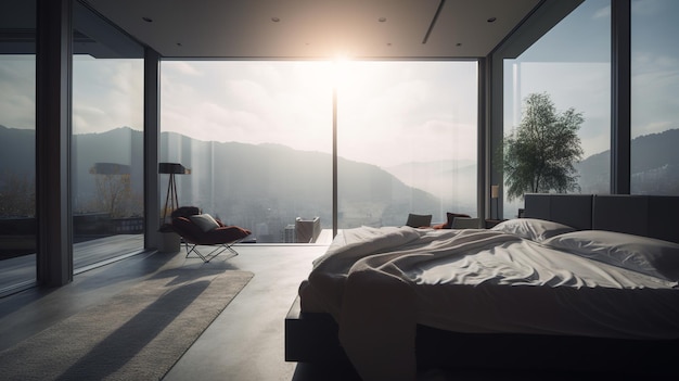 Bedroom interior in minimalistic design window with view of city and mountains on sunny morning indoors Generative AI