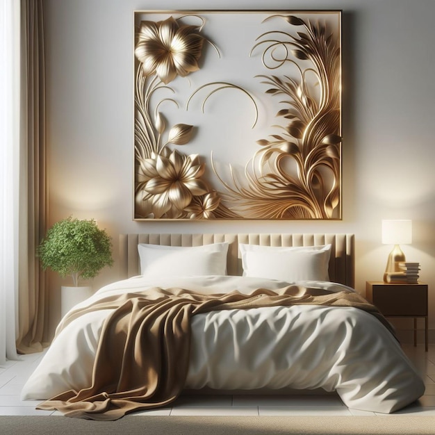 bedroom interior mocup gold matte frame