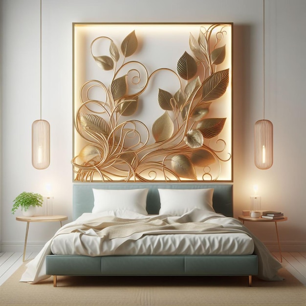 bedroom interior mocup gold matte frame