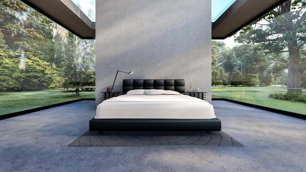 Bedroom interior in modern loft cement room with empty cement wall and clear glass window