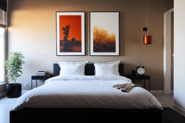 Bedroom interior with bed paintings alarm clock and plant created using generative ai technology