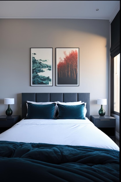 Bedroom interior with bed paintings and lamps created using generative ai technology