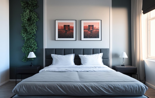 Bedroom interior with bed paintings lamps and plant created using generative ai technology