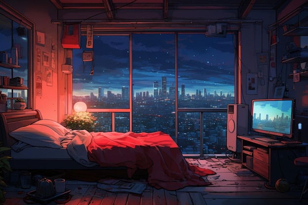 Bedroom interior with city night view from window Room cartoon style