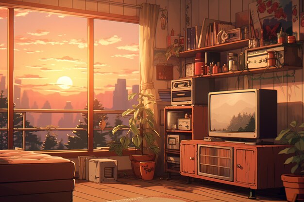 Bedroom interior with city view from window Room cartoon style