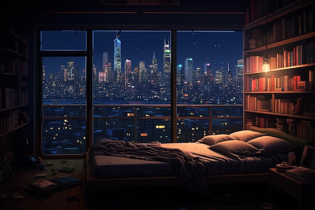 Bedroom interior with city view from window Room cartoon