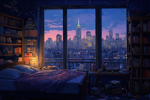 Bedroom interior with city view from window Room cartoon