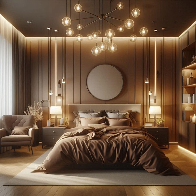 Bedroom interior with lightingBrown bedding design ai generator