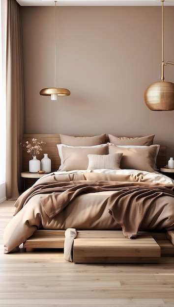 Bedroom interior with lightingBrown bedding design ai generator