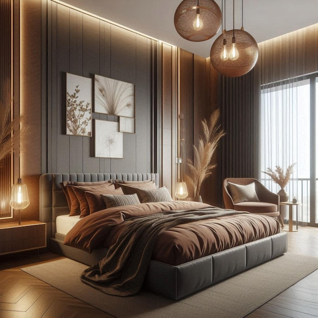 Bedroom interior with lightingBrown bedding design ai generator