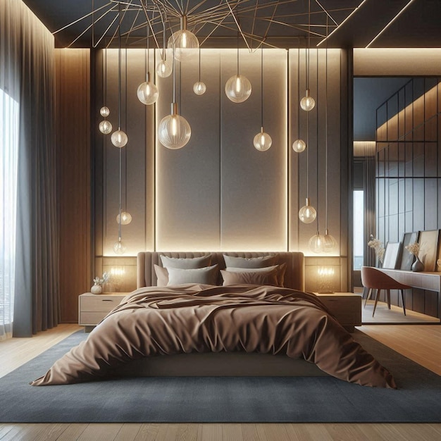 Bedroom interior with lightingBrown bedding design ai generator