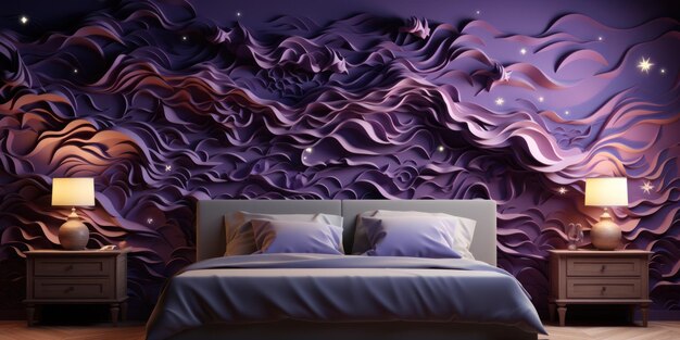 Bedroom interior with purple wavy textured relief wall comfort sleep atmosphere