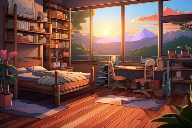 Bedroom interior with a view of the mountains from the window Room cartoon style