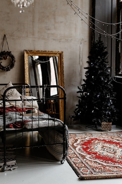 The bedroom is decorated for Christmas Cozy dark vintage interior plaid antique bed