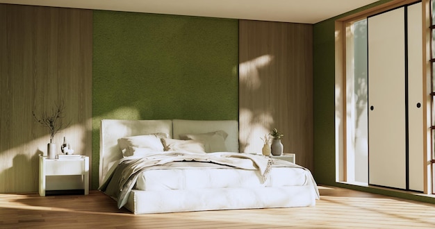 Bedroom japanese minimal styleModern green wall and wooden floor room minimalist 3D rendering