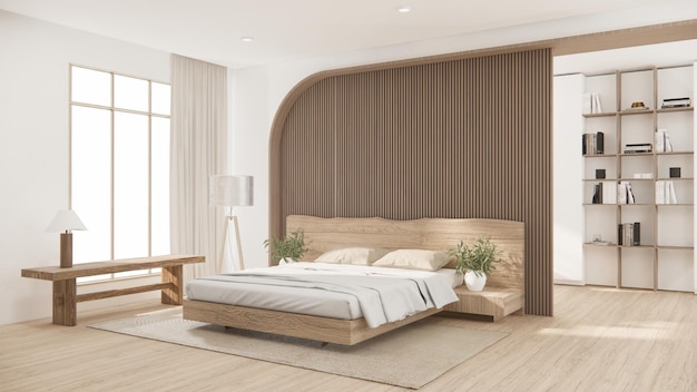 Bedroom japanese minimal styleModern white wall and wooden floor room minimalist 3D rendering