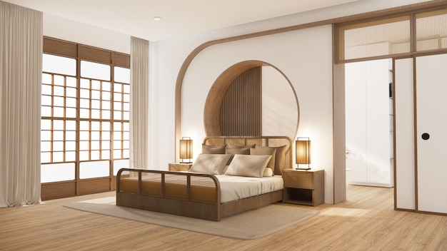 Bedroom japanese minimal styleModern white wall and wooden floor room minimalist 3D rendering