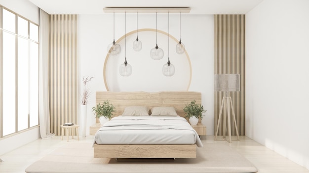 Bedroom japanese minimal styleModern white wall and wooden floor room minimalist 3D rendering