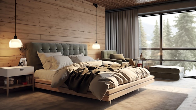 Bedroom in a log cabin with a bed and a window with a view of the mountains.