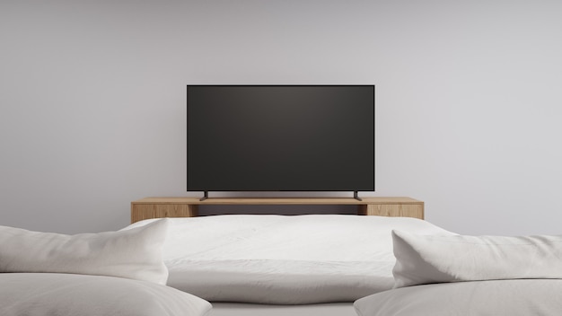 Bedroom of modern clean house with television on TV stand