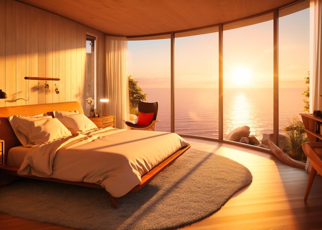 A bedroom overlooking an ocean