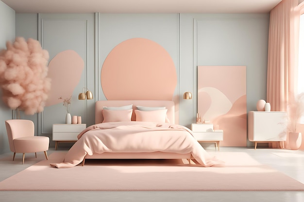 Bedroom in pastel tone peach fuzz color trend 2024 year panton furniture and background