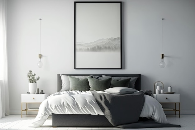 Bedroom sofa with framed poster over bed Minimalist space design mockup