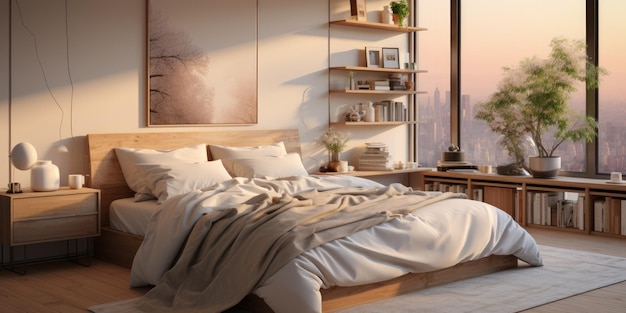 A bedroom that is designed to be both relaxing and peaceful with a focus on using light and color to create a sense of calm and serenity AI Generative