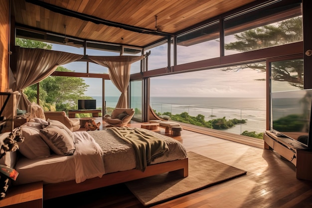 The bedroom of the villa is open to the ocean.