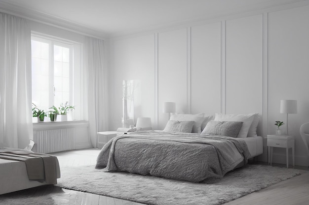 Bedroom in white tone with light coming through the window 3D Render